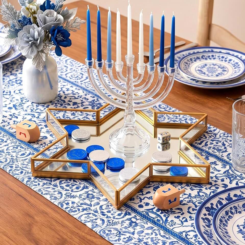 Patelai 12 Inch Star of David Mirror Tray, Gold Hanukkah Tray for Judaica Decor, Vintage Mirrored Decorative Organizer for Candles, Menorah, Jewelry, Perfume, Vanity Table Centerpiece Holiday Display