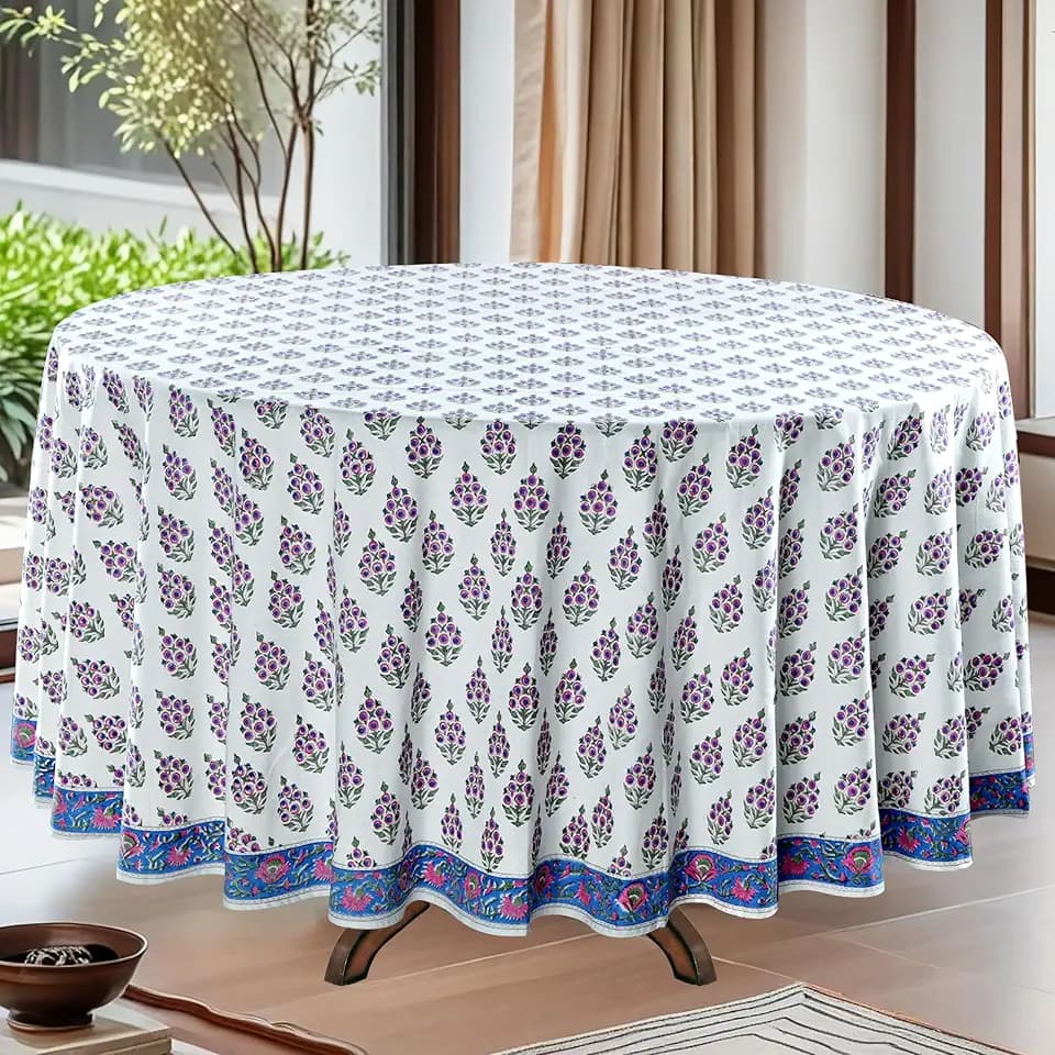 Ridhi Hand Block Print Round Tablecloth Ruddy Blue 60 Inch 100% Cotton
