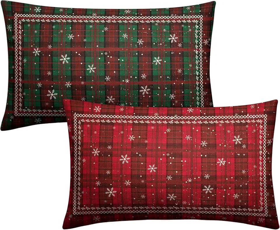 Christmas Plaid Lumbar Pillow Covers Red Green Xmas Buffalo Checkered Throw Pillow Covers 12x20 Set of 2 Winter Tartan Snowflakes Rectangular Pillow Case for Home Decor Couch Sofa