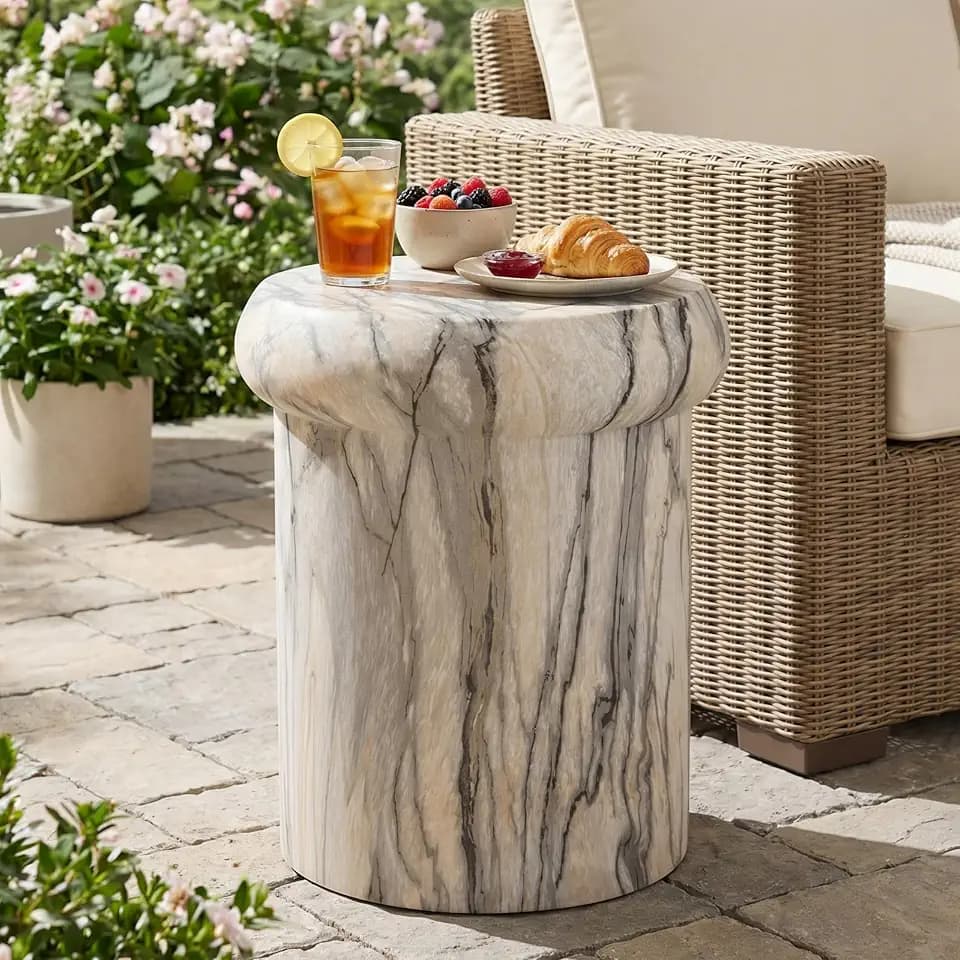Christopher Knight Home 18.11 Inch Sculptural MGO Side Table Modern Round End Table Faux Travertine Indoor Outdoor Pedestal Accent Table, Natural Marble Look