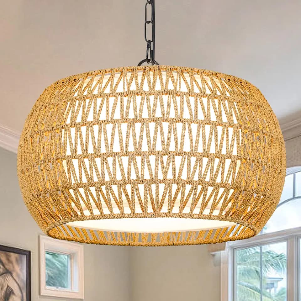 ZECOXOL Rattan Farmhouse Chandelier Light Fixtures, 5-Lights Boho Large Pendant Light,Hand Woven Chandeliers for Dining Room with Fabric Shade,Rustic Chandeliers (Cydariform, 17.8inch)