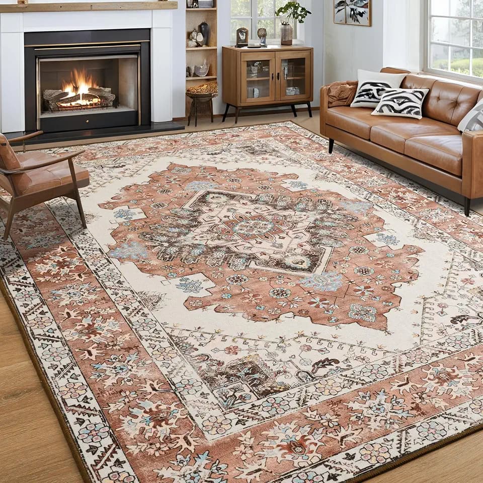 Noahas Living Room Rug 5x8 Rugs, Machine Washable Vintage Area Rug Non-Slip Low Pile Large Rug for Living Room, Bedroom, Farmhouse, Dining Room, Orange