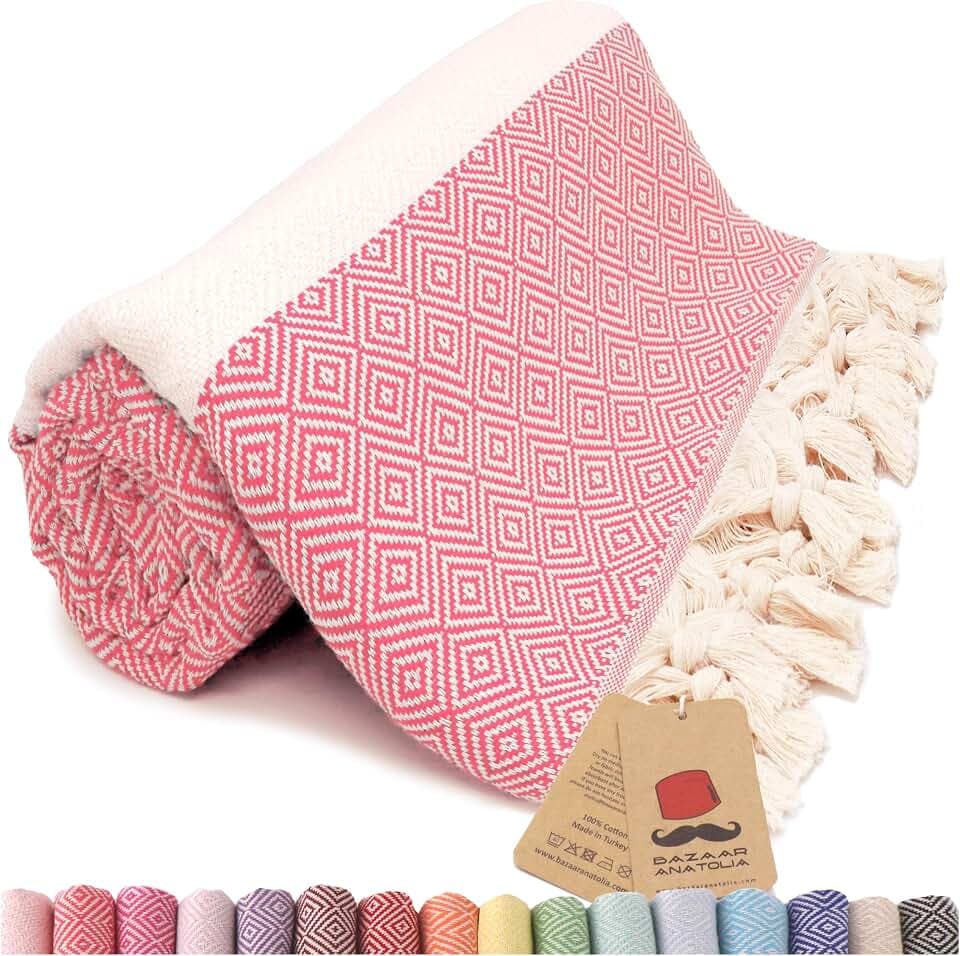 Bazaar Anatolia Turkish Beach Towel, 100% Cotton, 71x39 in, Diamond Coral