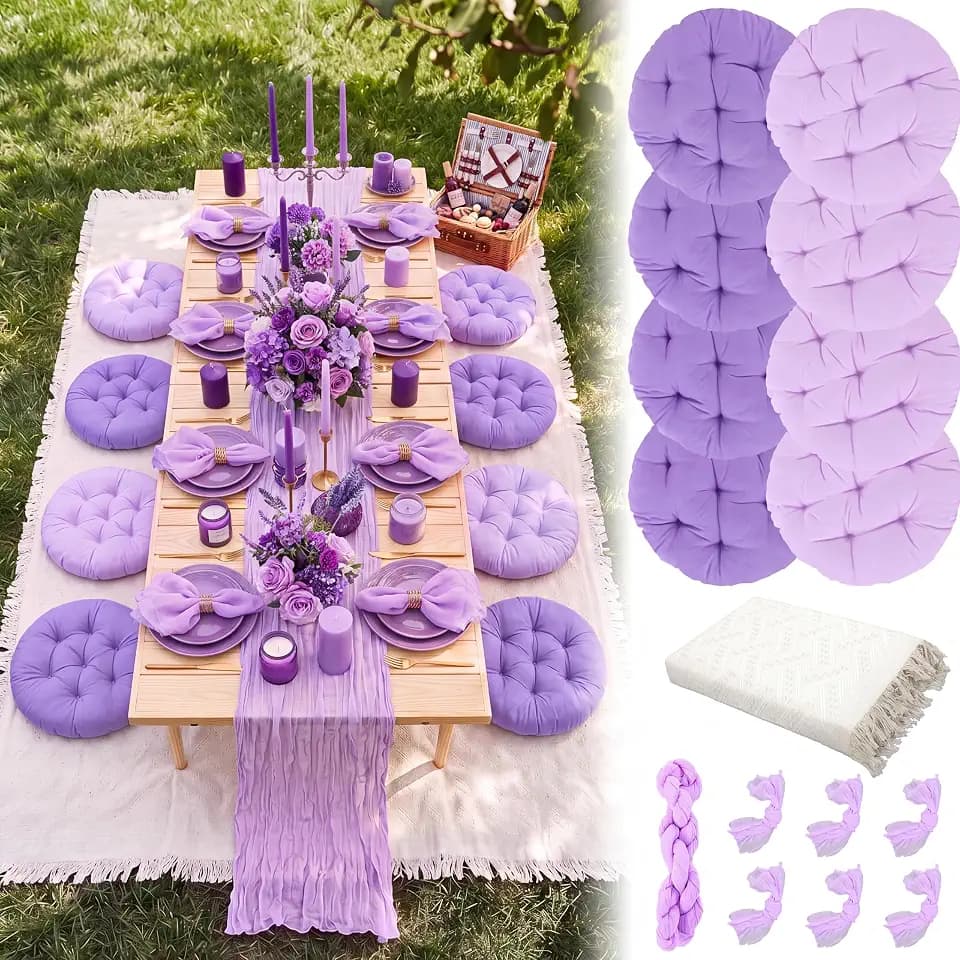 Beeveer 71x118'' Extra Large Outdoor Picnic Blanket with Light Purple Table Runner 8 Napkins and 8 Purple Floor Pillow Cushions for Picnic Party Camping Wedding Bachelorette Birthday Baby Shower Decor