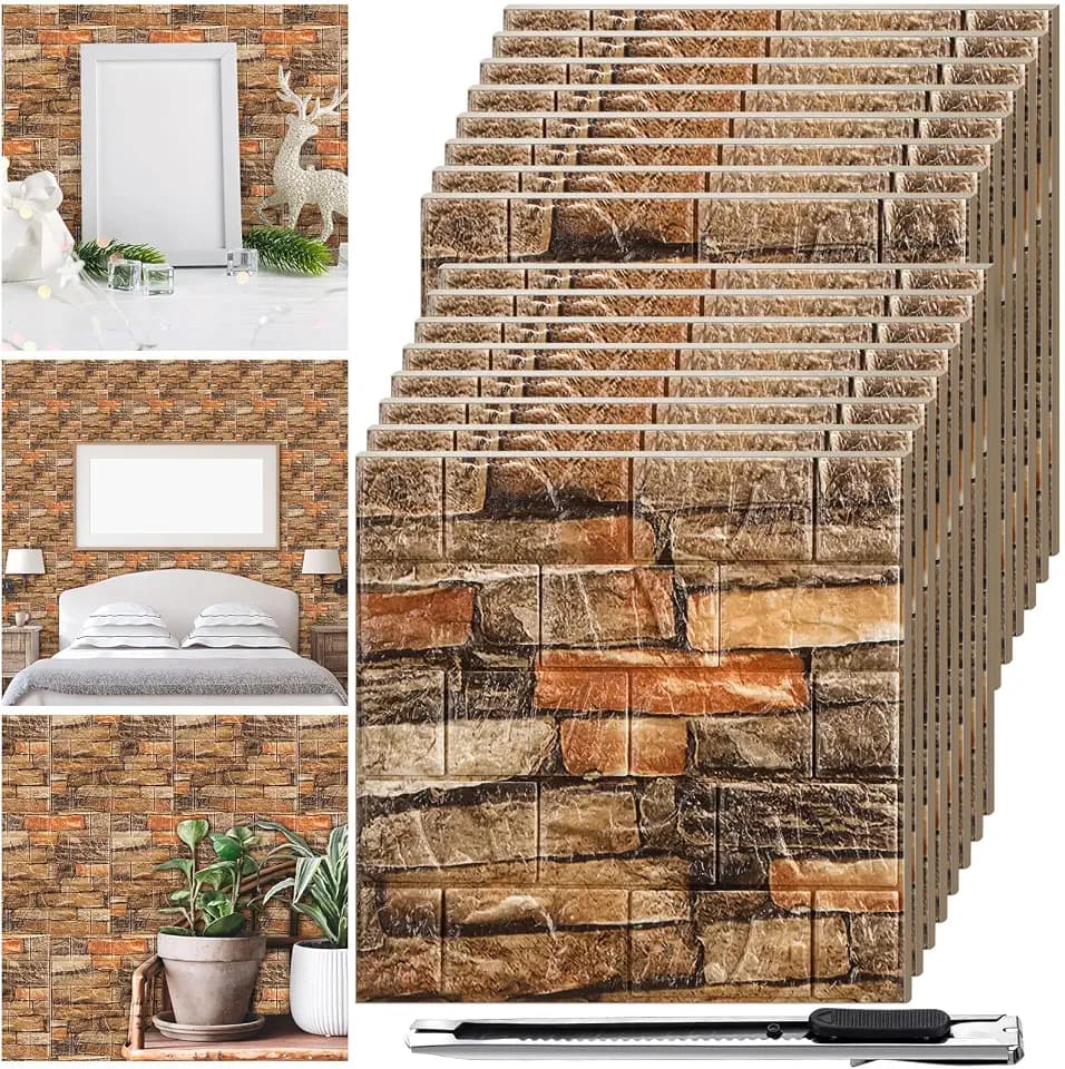 Tinlade 30 Pcs 3D Wall Panels Peel and Stick Wallpaper Foam, Rustic Brown