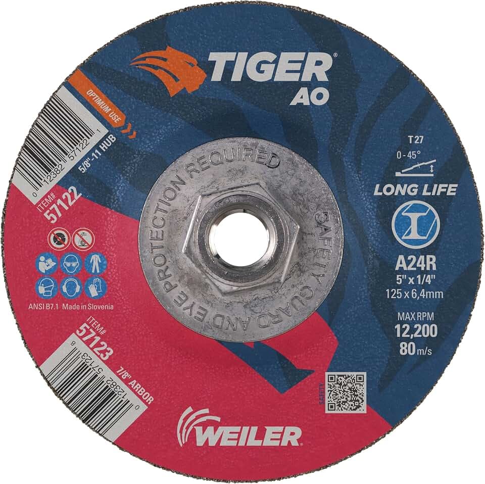 Weiler 57122 Tiger 5" Grinding Wheel, Type 27, 1/4" Thick, A24R, 5/8"-11 UNC Nut (Pack of 10)