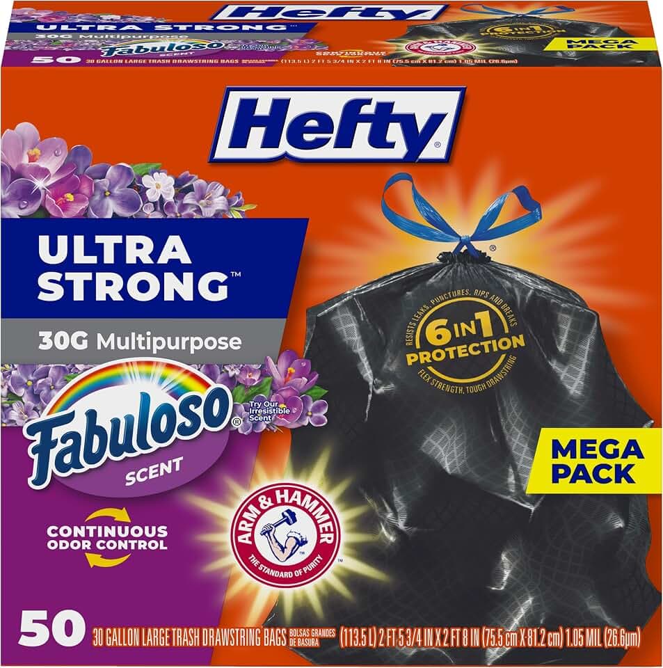 Hefty Ultra Strong 30 Gal Large Trash Bags, Black, Fabuloso Lavender, 50ct
