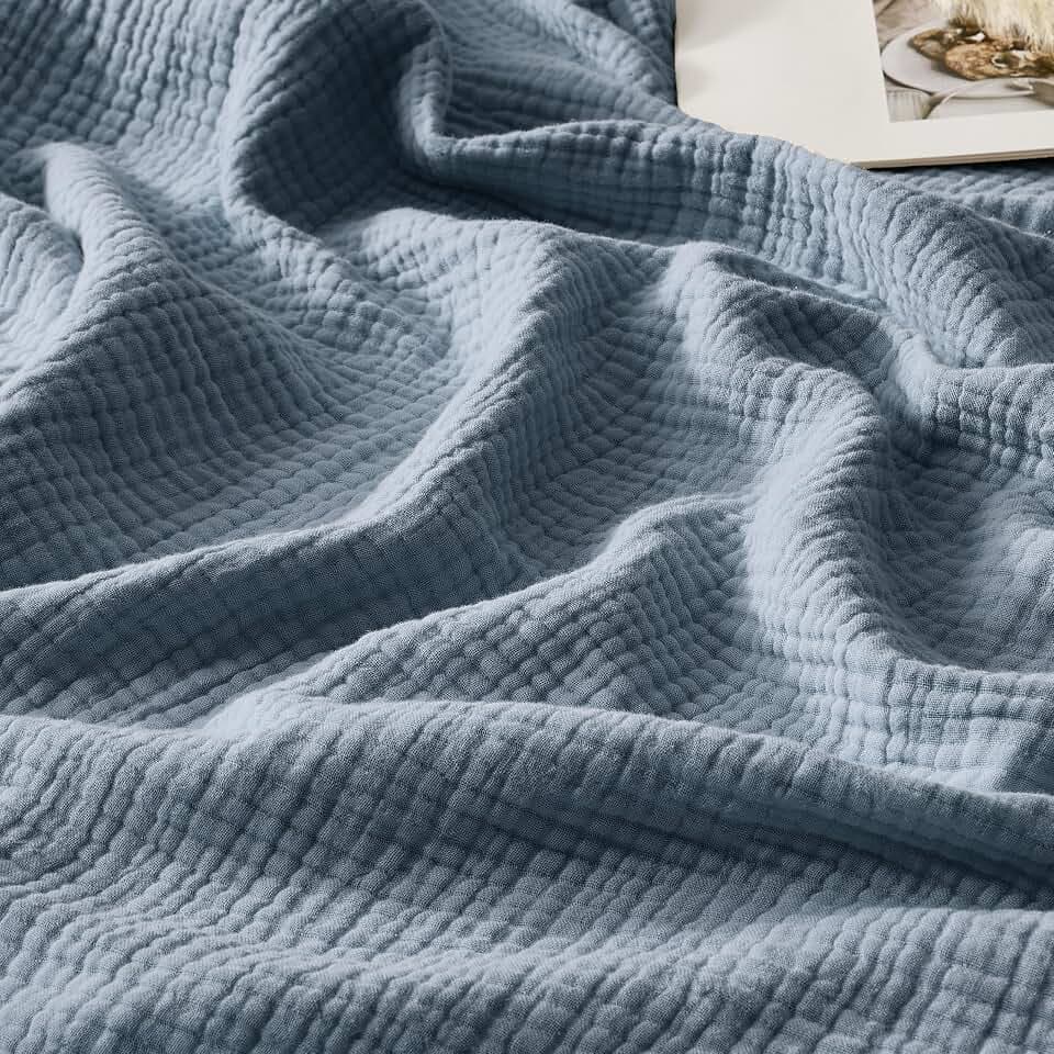 WDCOZY 100% Cotton Muslin Blanket King Size 4-Layer for Bed Breathable Lightweight Soft Large Boho Farmhouse Linen Tassels Ruffle Gauze Blankets All Season for Adults 108x90 Inches Dusty Blue