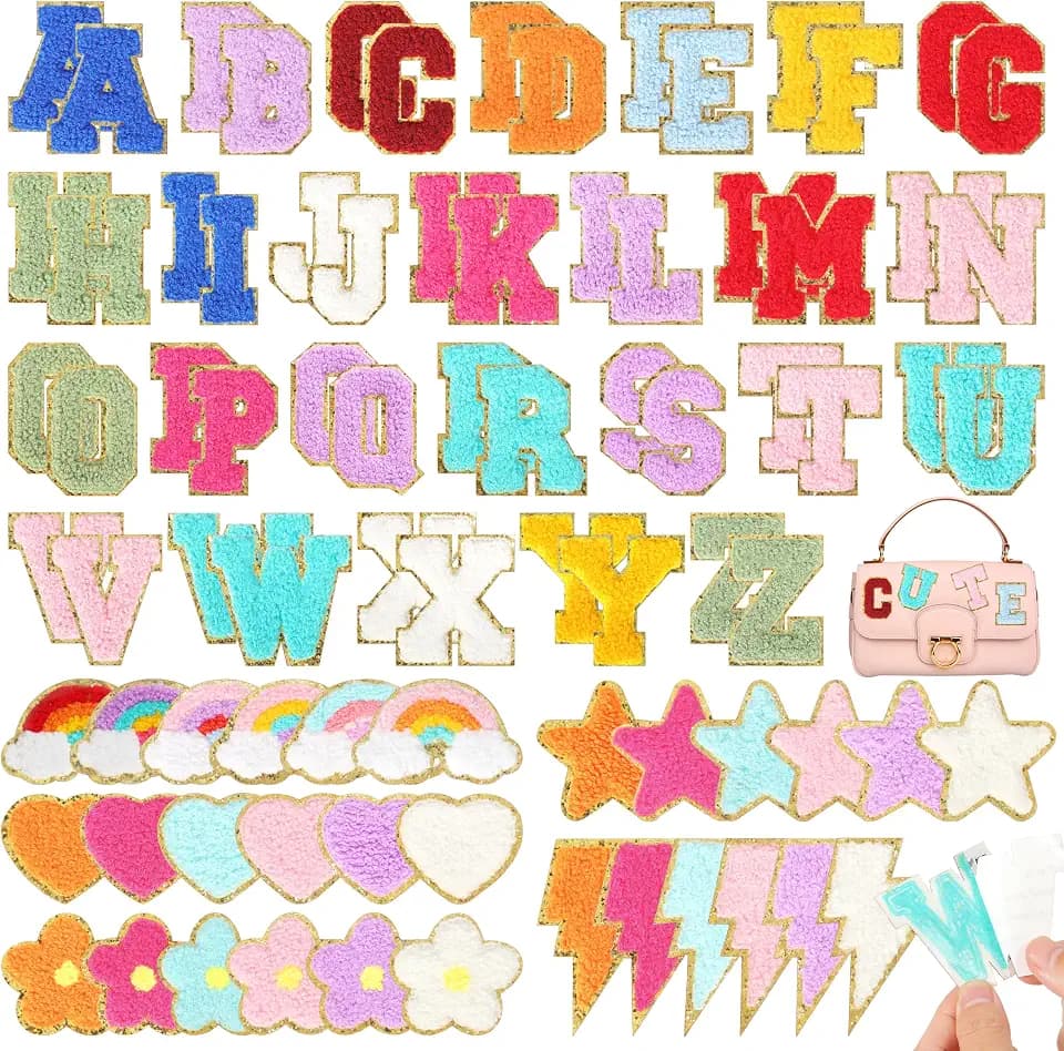 Chenille Letter Patches Self-Adhesive for Backpacks: Funcolor 82PCS Colorful Stick on Varsity Letter Patches - Cute Star Lightning Heart Rainbow Chenille Patch Stickers for Clothing Hats Bags