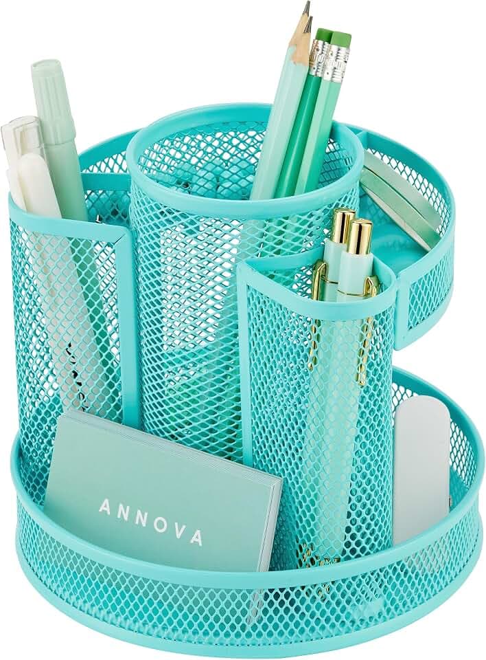 Annova Schreibtisch-Organizer, drehbar, mit 5 Fächern, rund, drehbar, für Süßigkeiten/Stifte, Schreibtisch, Zubehör, Büro, Kunstbedarf, Aufbewahrung, Klassenzimmer, Zuhause (Türkis)