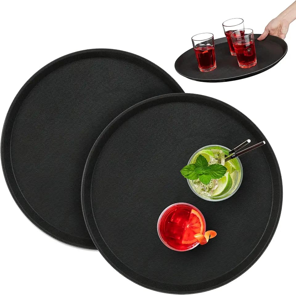Relaxdays Serviertablett 2er Set, rund Ø 40 cm, Bartablett, rutschfeste Oberfläche, Kellnertablett Gastronomie, schwarz
