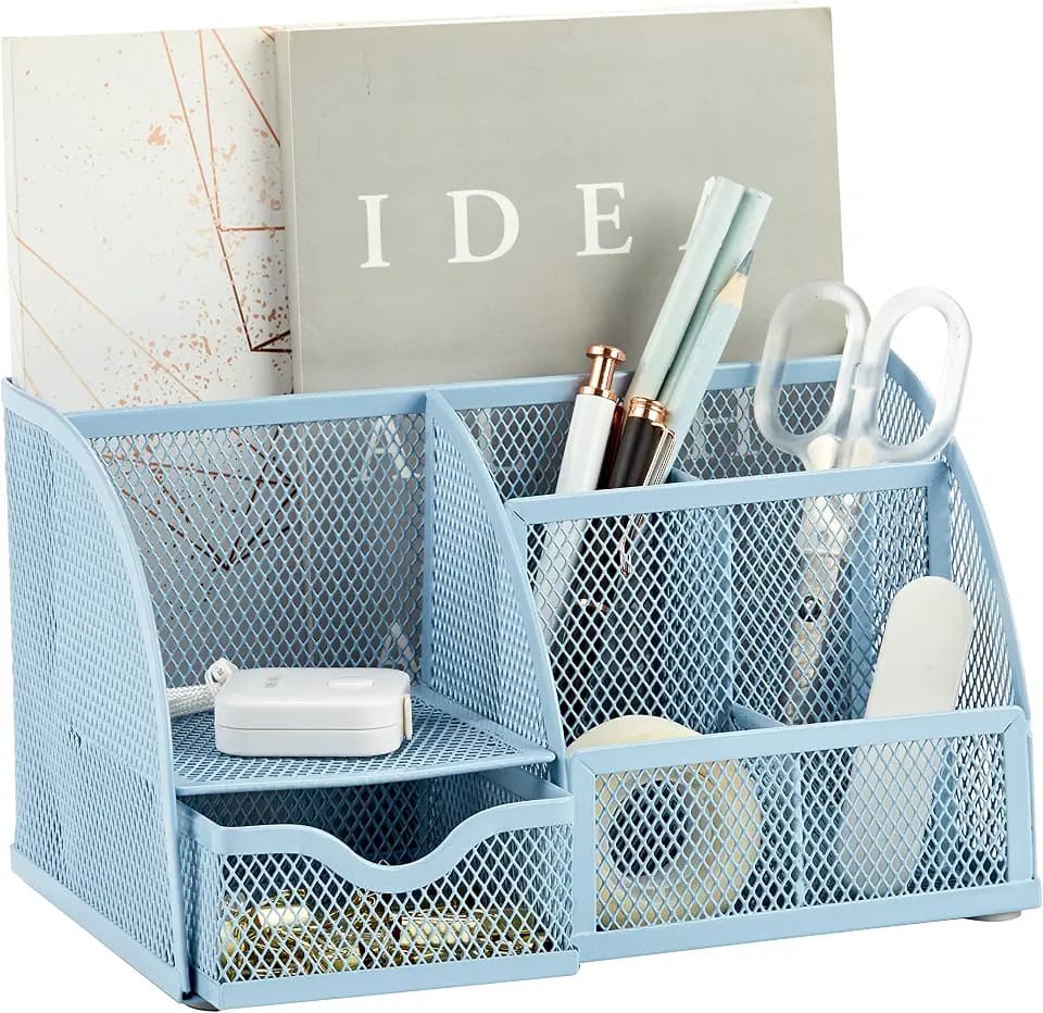 Annova Mesh Desk Organizer Office mit 7 Fächern + Schublade/Schreibtischordnung Candy/Stifthalter/Multifunktions-Organizer (Neu Blau)