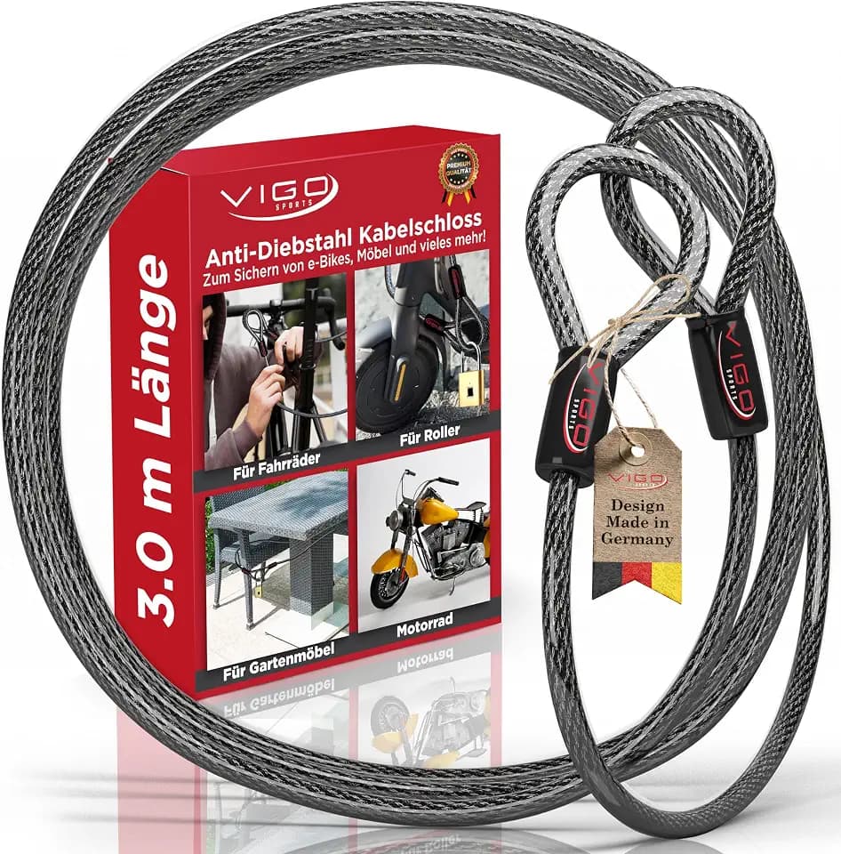 VIGO SPORTS® Panzer Stahlseil mit Ösen [3m] I 10mm starkes Kabelschloss zum Schutz deines Fahrrad, Grill, Gartenmöbel oder Kinderwagen vor Spontan Diebstahl I Witterungsbeständig und Langlebig (1Stk)