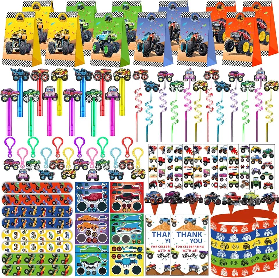 PLOUGVI 232 PCS Party Favors for Truck Birthday Decorations Supplies Truck Party Stuff for Party Goodie Bag Stuffer Pinata Filler Gifts