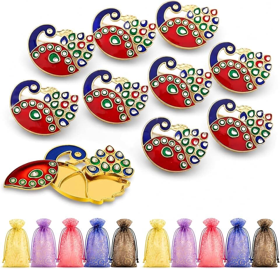 LOVENSPIRE Decorative Peacock Acrylic Haldi Kumkum Holder for Pooja Thali, Wedding Return Gifts, Indian Festival Favors & Housewarming Items Pack of 10