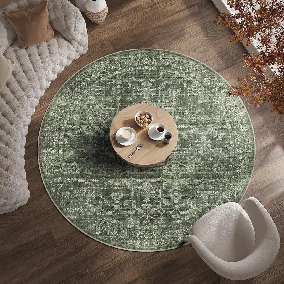 6ft Round Washable Living Room Rug Soft Retro Dark Green Throw Carpet