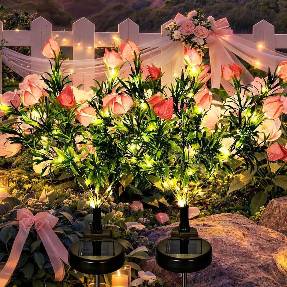 GIGALUMI Solar Garden Lights with Gardenias, 2Pack LED Garden Decor Carefree Solar Flowers Outdoor Waterproof, Yard Decorations Outdoor, Allergy-Free Light up Flowers for Yard Patio (2 Pink)