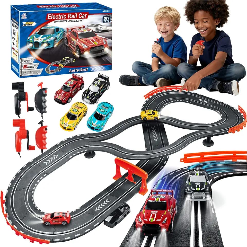 Slot Car Race Track Sets with 4 High-Speed Racing Cars, 2 Control Method Hand-cranked and Electric Generator, Car with Dual Racing Lap Counter Circular Overpass Track Toys Gifts for Kids and Adults