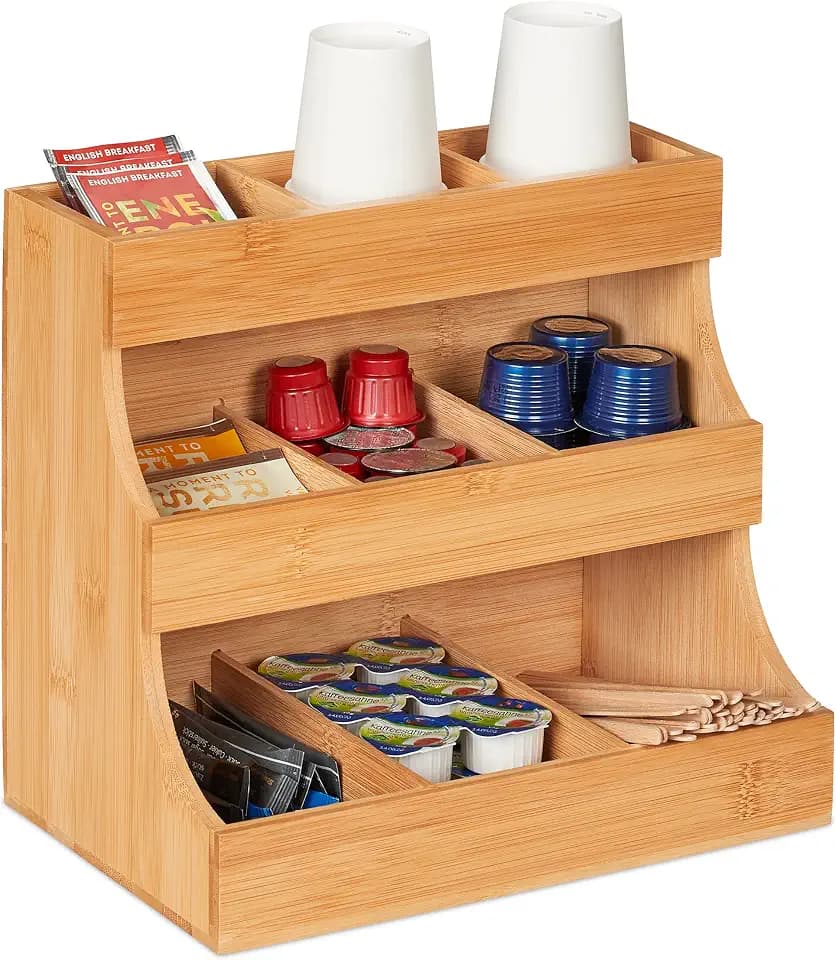 Relaxdays Kaffee Organizer, 9 Fächer, Bambus, HBT: 24 x 26,5 x 17,5 cm, Kaffeestation & Teebeutel Aufbewahrung, Natur
