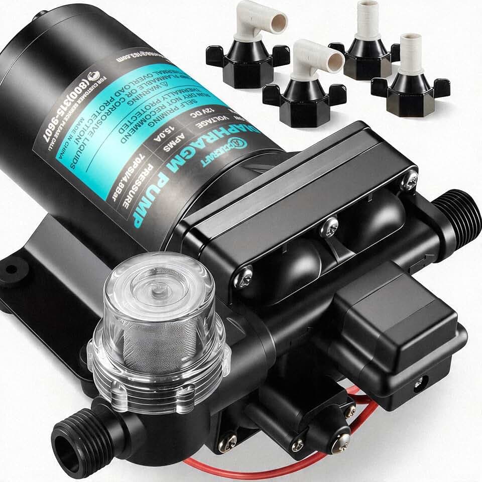 RV Water Pump 12V 5.0 GPM 70 PSI, High Pressure Self Priming Diaphragm Fresh Water Pump with Adjustable Pressure Switch and Strainer, Quiet Automatic Pump for RV Camper Marine Boat Yacht Trailer