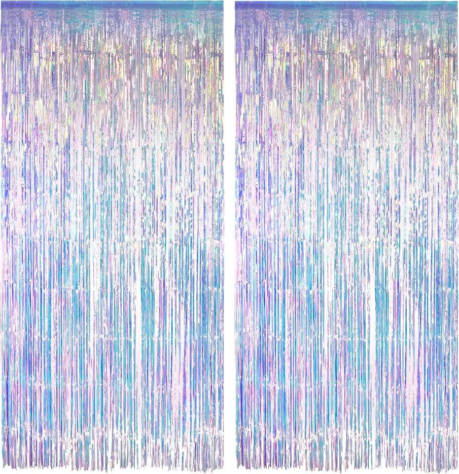Iridescent Party Streamers Backdrop - GREATRIL Neon Transparent Holographic Tinsel Foil Fringe Curtain for Mermaid/Frozen/Sea/Euphoria/ERAS Party Theme Decorations 3.2ft x 6.5ft 2 PCS