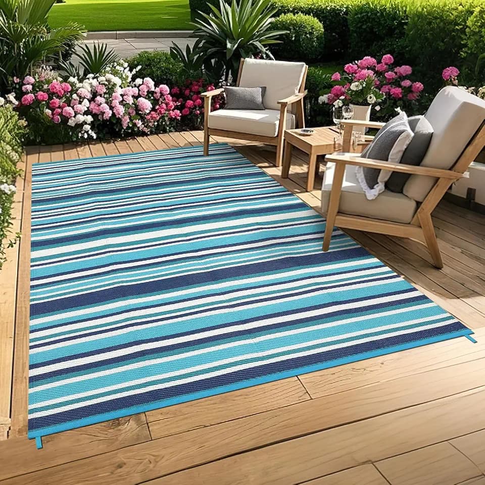 GAOMON 8x10 Large Outdoor Rug Waterproof for Patio Plastic Straw Rug Geometric Striped Outdoor Area Rug Modern Lines Outside Carpet for Deck Backyard Balcony, Dark Blue/Bright Blue/Light Blue/White