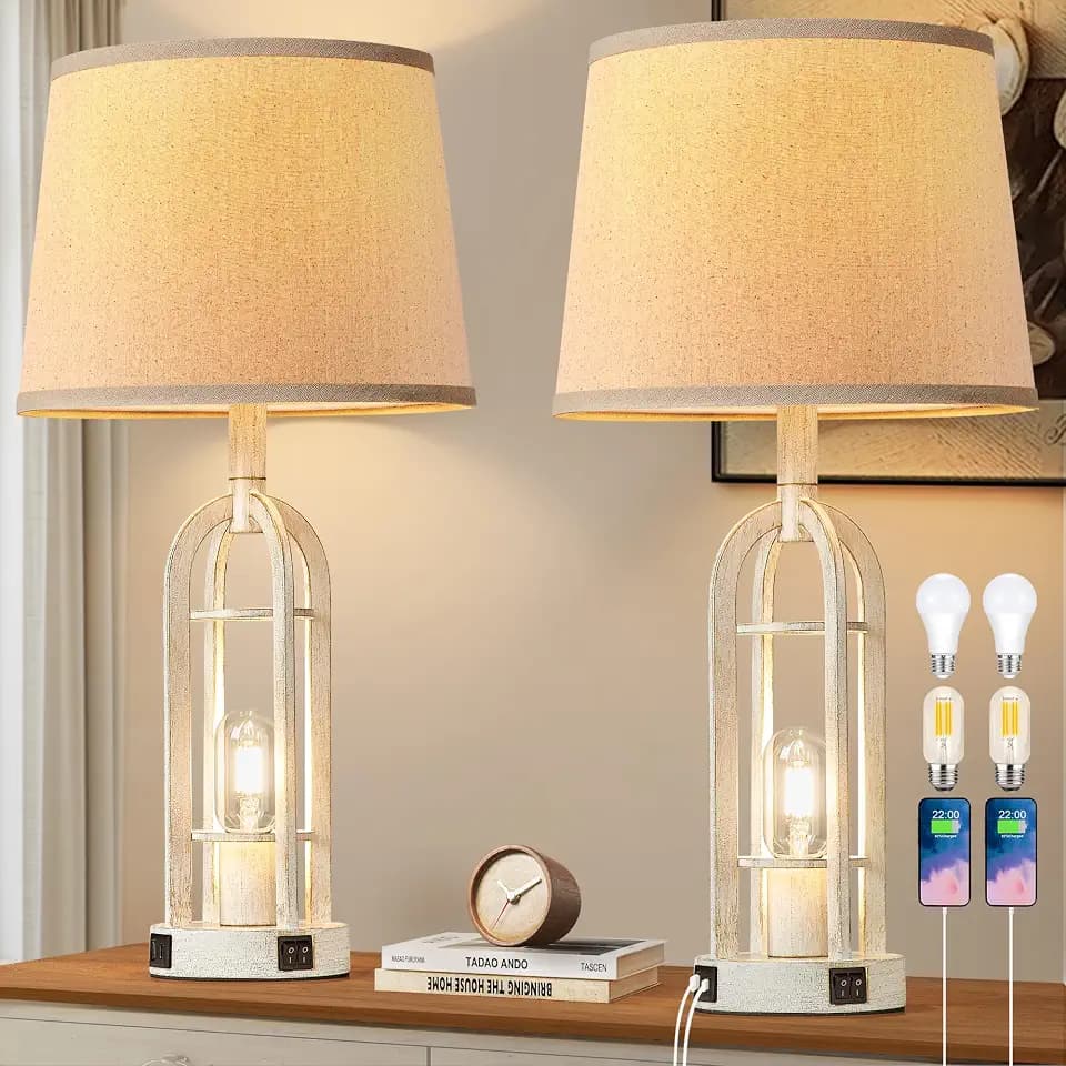 SRJJA 24" Farmhouse Table Lamps for Living Room Bedroom Set of 2, USB A+C