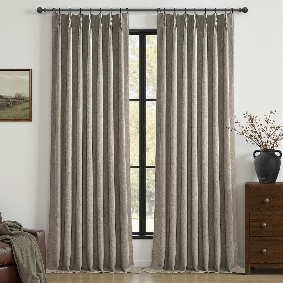 Grey Green Blackout Linen Curtains 108 Inches Long for Living Room Bedroom, Pinch Pleated Boho Light Drapes Viral Window Curtain with Pinch Pleat Clips Thermal Insulated for Winter(40"Wx108"Lx2Panels)