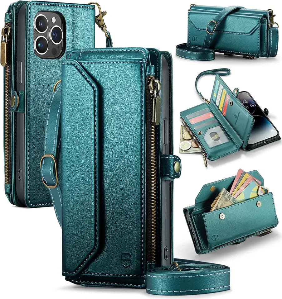 Strapurs Wallet Case Compatible with iPhone 14 Pro Max RFID Blocking 10-Card Holder Soft PU Leather Magnetic Snap Shoulder Strap Zipper Pocket Phone Case Fit for iPhone 14 Pro Max - Blue Green