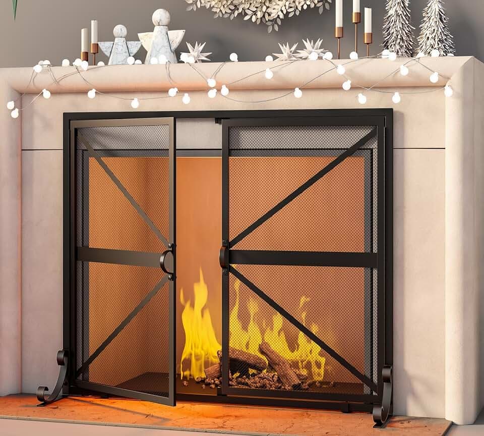 Fire Beauty Wrought Iron Fireplace Screen with Doors, Fire Spark Protector