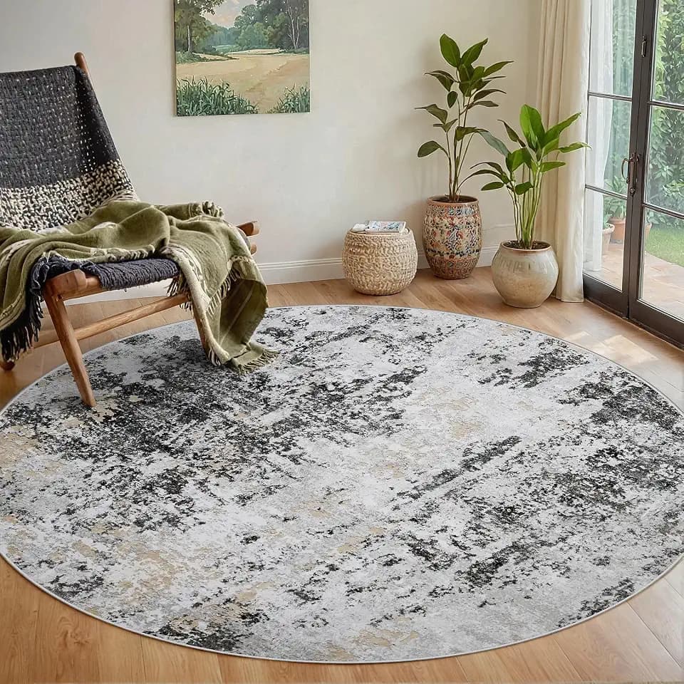 Round Rug 6ft Washable Rug for Dining Room Living Room Black Grey Gold