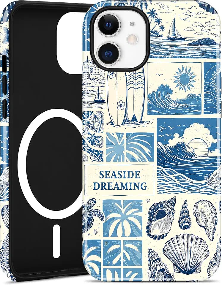 Magnetic Summer Collage Phone Case for iPhone 12/12 Pro, Blue Beach