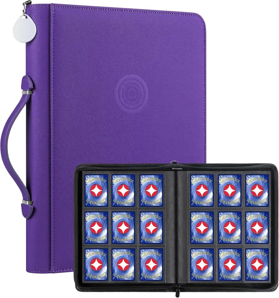 GEAoffice 9 Pocket Trading Card Binder, Holds 576 Cards, Premium PU Zip Card Binder with Handle, Side-Loading Pockets, Fits TCG, MTG, Sports Cards & Sleeved Cards (Purple)