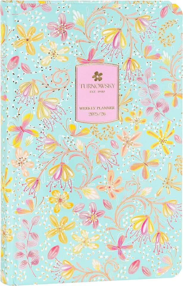 TURNOWSKY Wochenplaner 13 Monate Medium 2025-2026, Wochenplaner für Studenten und Lehrer, mit Lesezeichen, fester Einband und Blumenmotiven, 224 bunte Seiten, 11,8 x 18 cm, Grün