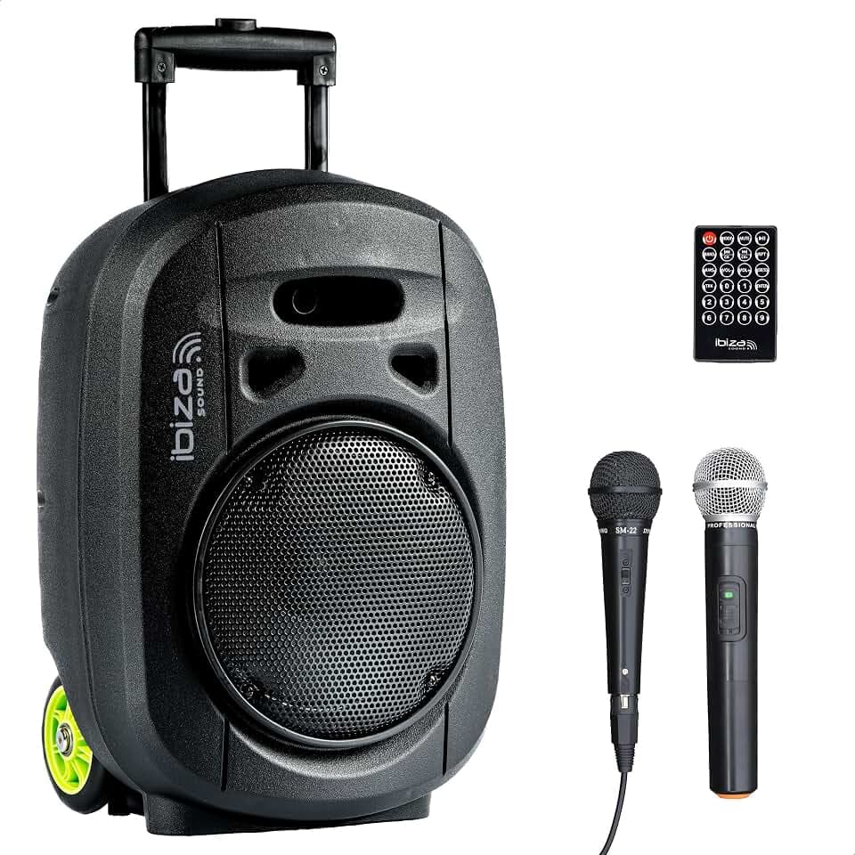 Ibiza - PORT8VHF-MKII-TWS - Tragbarer Lautsprecher 8"/400W MAX mit 1 kabelgebundenen Mikrofon und 1 VHF-Mikrofon, Fernbedienung und Zubehörtasche - Bluetooth, USB, SD & TWS - 6-8 Stunden Betriebsdauer