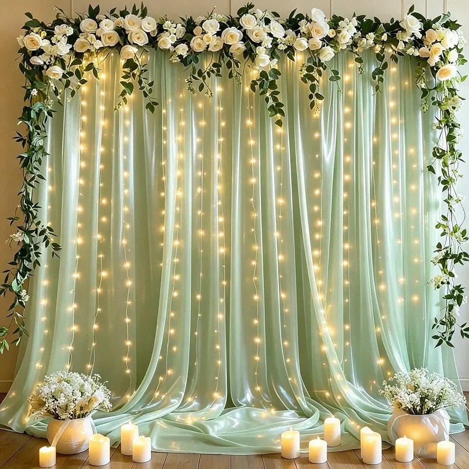 10x10ft Sage Green Tulle Backdrop Curtains with Lights String for Party,Wrinkle Free Sheer Curtain Wedding Photo Backdop Drapes for Baby Shower Birthday Party Photography Home Decorations