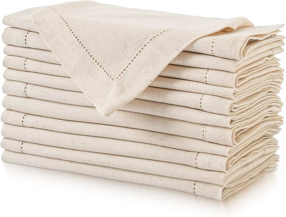 FINGERCRAFT Hemstitch Cloth Napkin Cotton, 20x20 Inch, 12 Pack, Ivory