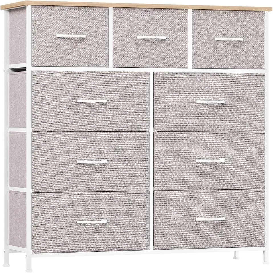 Somdot Kommode mit 9 Stoffschubladen, Schlafzimmer, Aschgrau