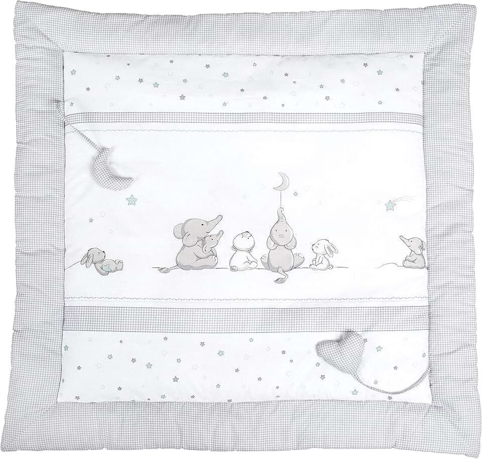 roba Baby Krabbeldecke Sternenzauber - 100 x 100 cm - Gepolsterte Spieldecke mit Stern Motiv inkl. Spielzeug Anhänger - aus weicher Baumwolle - Hellgrau / Weiß
