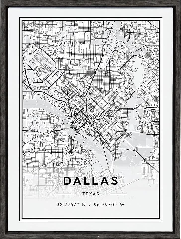 Kate and Laurel Sylvie Dallas Modern Map Framed Canvas Wall Art by Jake Goossen, 18x24 Gray, Decorative Map Art for Wall