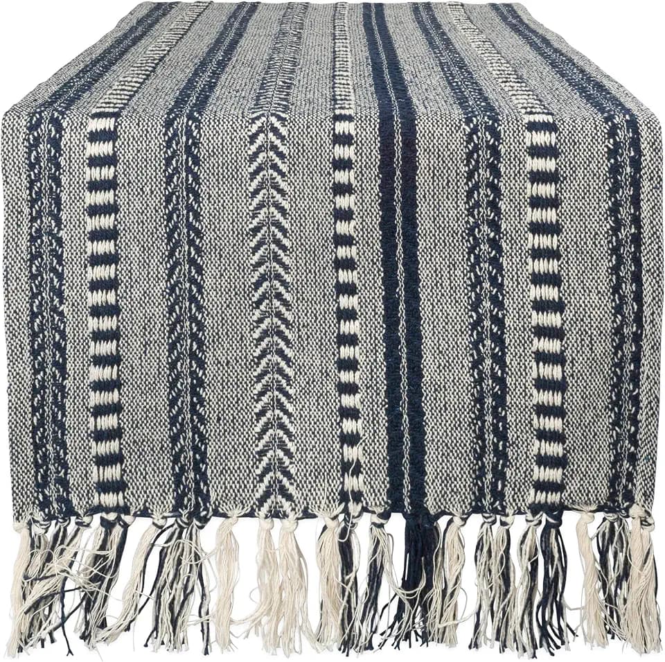 DII Braided Stripe Table Runner, 15x72 with 2.5" Fringe, Navy Blue