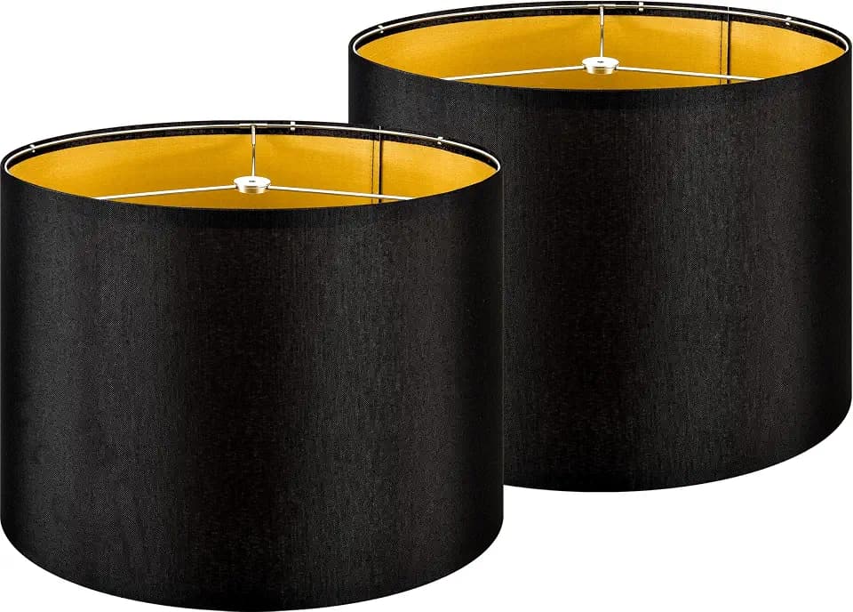 16 Inch Large Drum Lamp Shades Set of 2, Black Linen Fabric Lampshade for Floor Lamps & Tall Table Lamps, Warm Gold PVC Lining, 16"x16"x12" (Easy Assembly Required)