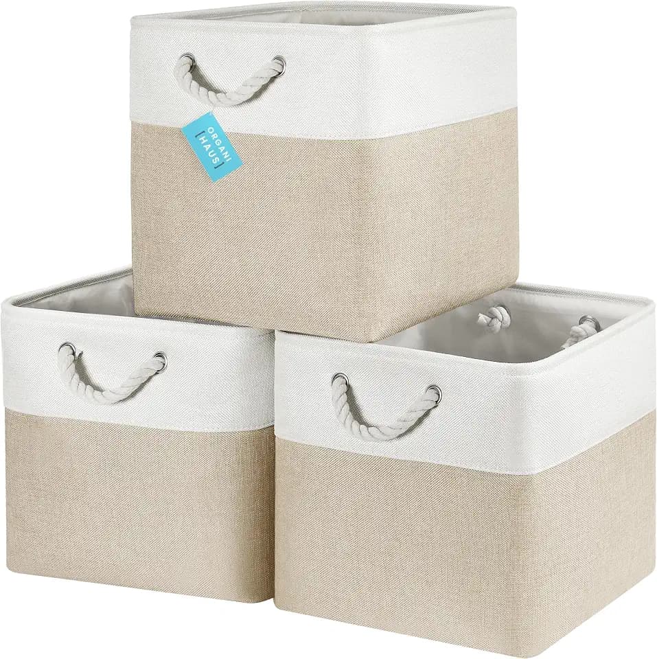 OrganiHaus Aufbewahrungsbox 33x33cm 3er-Set, Würfelkörbe aus Stoff mit Seilgriffen, Faltbare Aufbewahrungswürfel für Kallax Organizer, Ablagekörbe für das Kinderzimmer Beige/Weiß