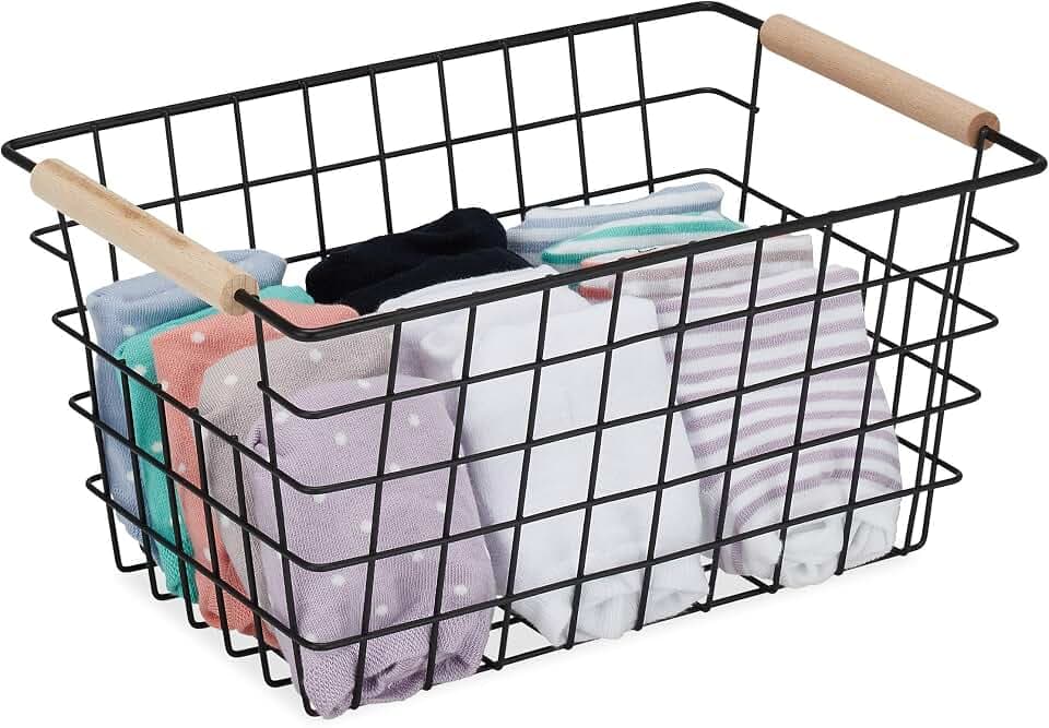 Relaxdays Drahtkorb, Holzgriffe, rechteckig, Gitter Design, schwarz