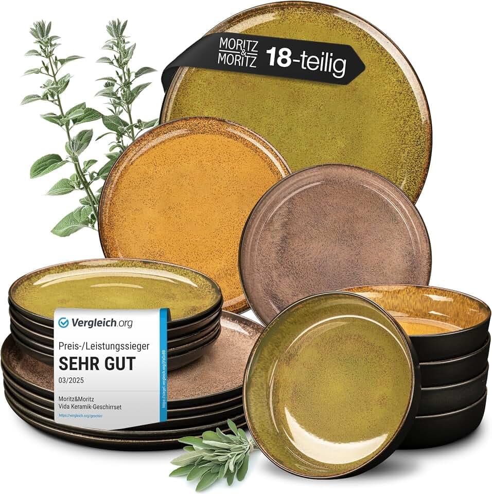 Moritz & Moritz Geschirrset 6 Personen Vintage 18-tlg. - Mikrowellen- & Spülmaschinenfest - Modernes Geschirr Set für 6 Personen - Essgeschirr, Tafelservice, Kombiservice 6 Personen - Serie Vida