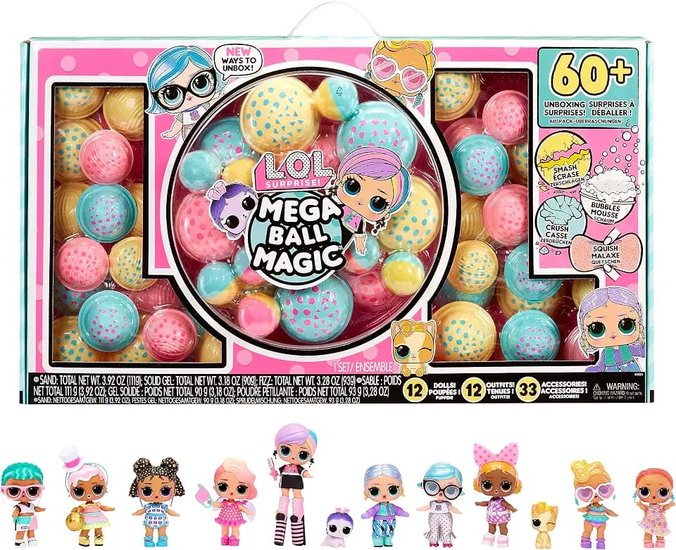 L.O.L. Surprise! Mega Ball Magic - 12 Sammelpuppen, 60+ Überraschungen, 4 Auspackerlebnisse - Squish Sand, Bubbles, Gel Crush, Shell Smash - Mix & Match-Mode - Toll für Mädchen + Jungen ab 3 Jahre