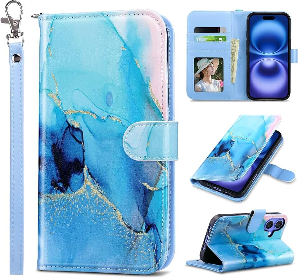 ULAK for iPhone 16 Wallet Case [RFID Blocking], Marble Blue