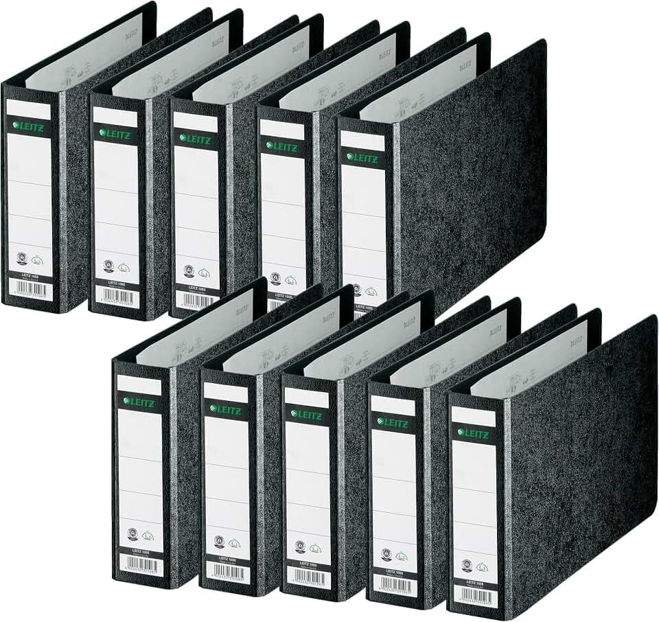 Leitz Qualitäts-Ordner 180° A5 quer, 10er Pack, Schwarz, 5,5 cm Rückenbreite, Einband aus Hartpappe, Querformat, 10660000