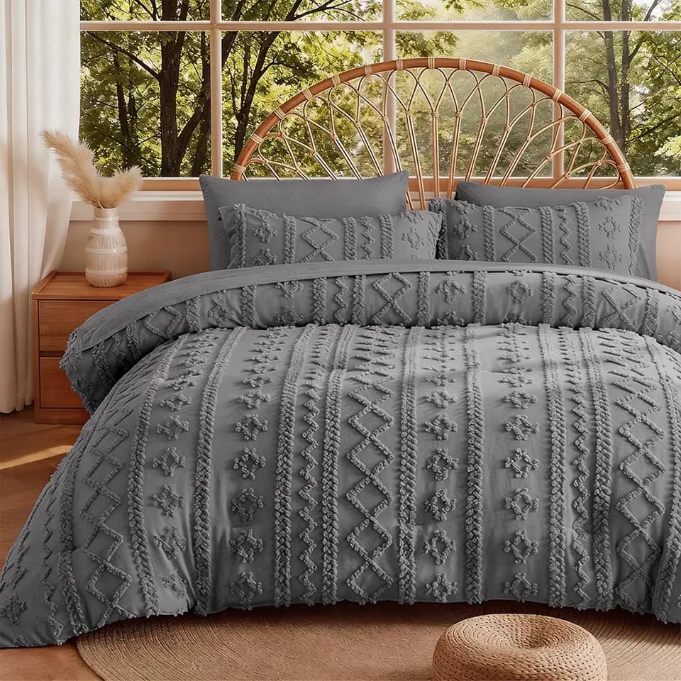 MR&HM Queen Comforter Set 7 Pieces, Tufted Boho Beddding Set Dark Grey
