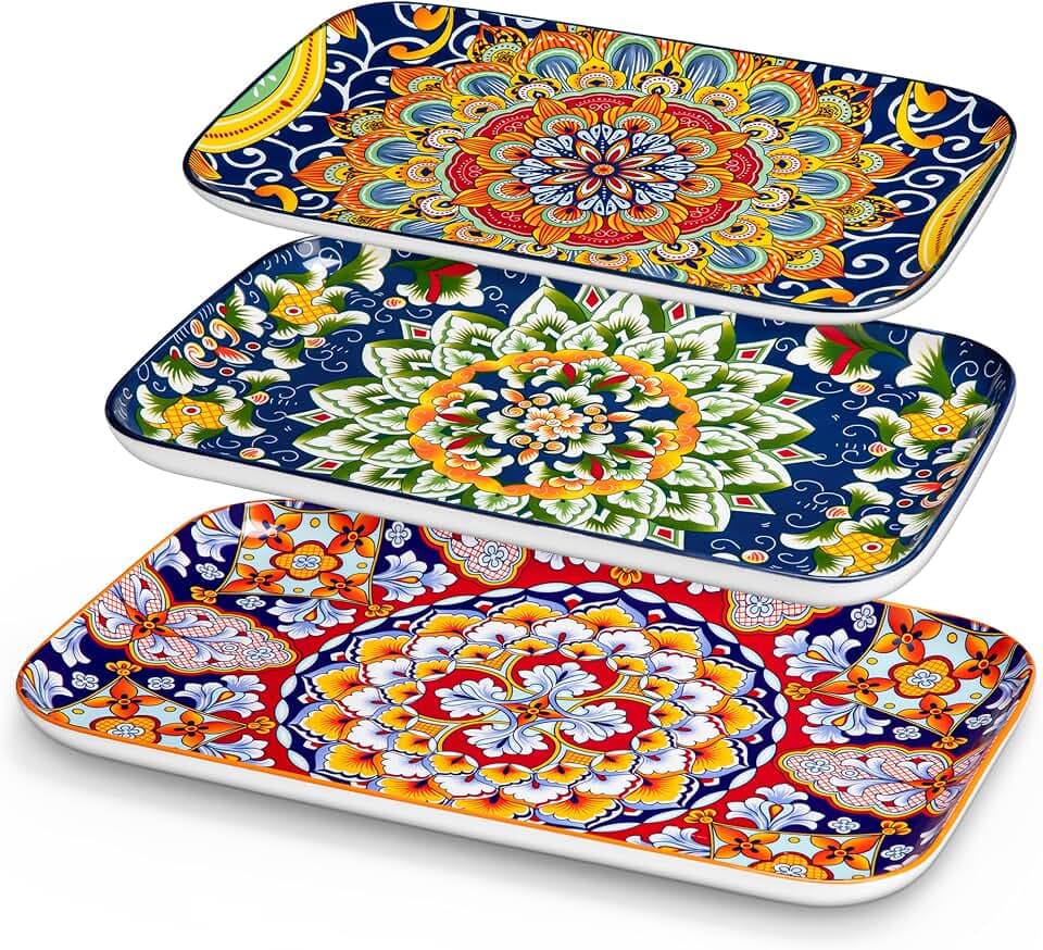 vancasso Servierplatte Porzellan 3er set, Serie SIMI Rechteckige Teller Set, Böhmischer Speiseteller, Kuchenteller, Dessertteller, Frühstücksteller, 3 Größen servierplatten